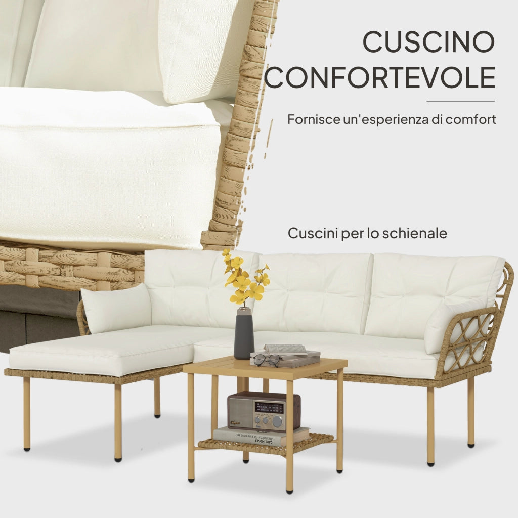 Set Giardino 3 Pezzi con Chaise Longue, Divanetto, Tavolino e Cuscini ¨C zephmum ¨C Rattan, Acciaio, Bianco Crema e Legno