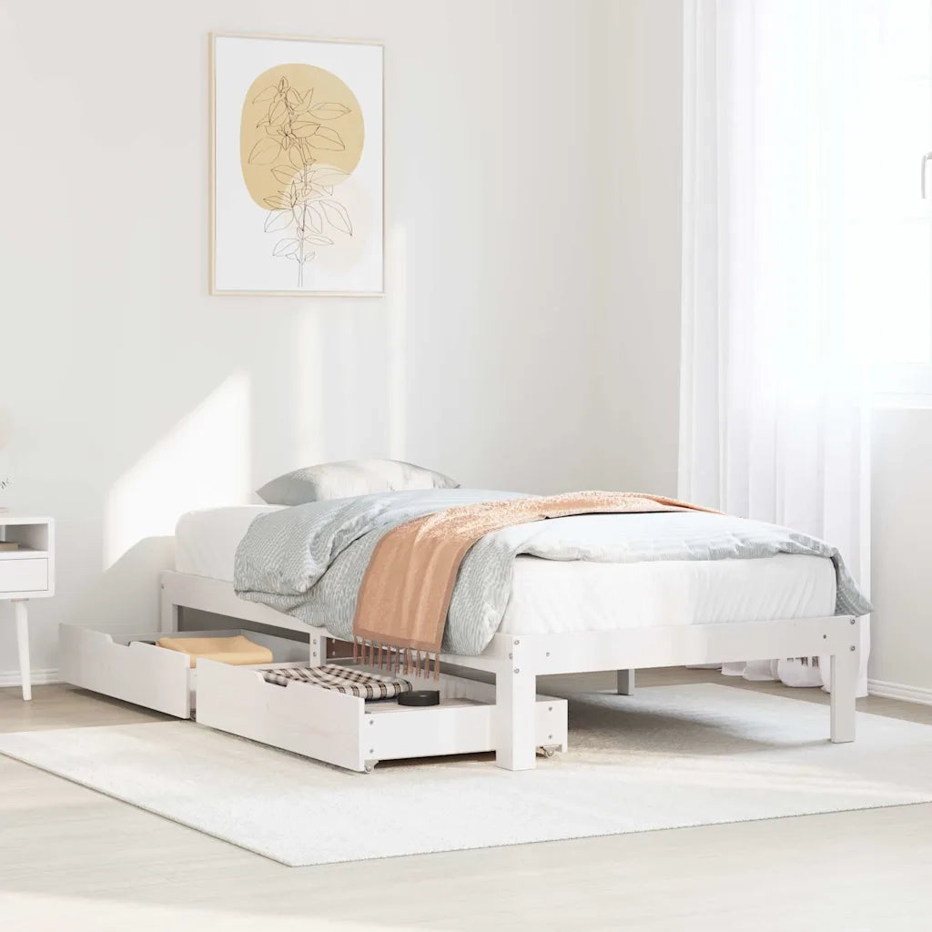 Letto singolo | Letto per adulti | Giroletto con Cassetti Bianco 100x200 cm Legno Massello di Pino