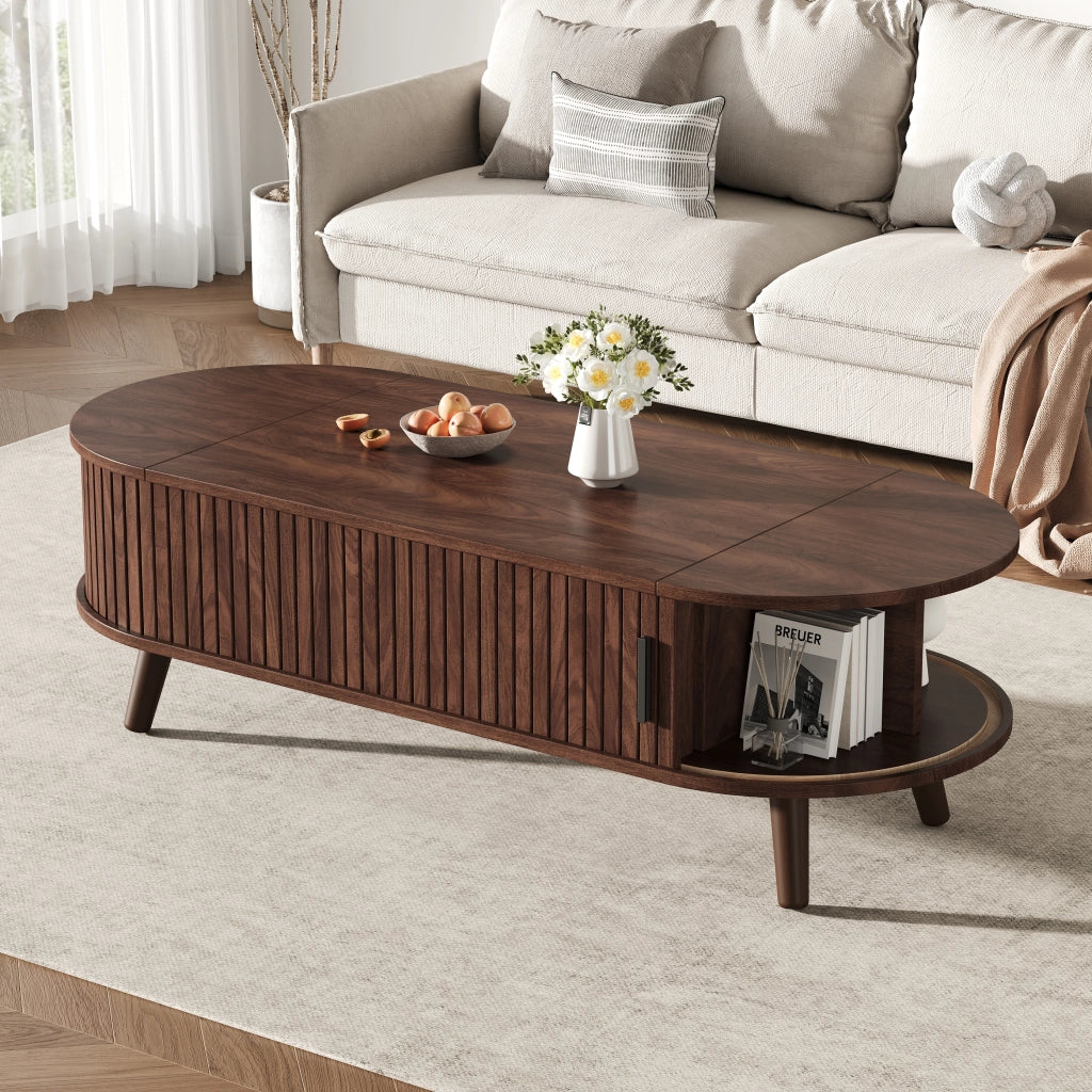 Tavolino basso sollevabile con vano contenitore nascosto e 4 vani, per soggiorno, in MDF, noce, 120 × 50 × 39,5 cm