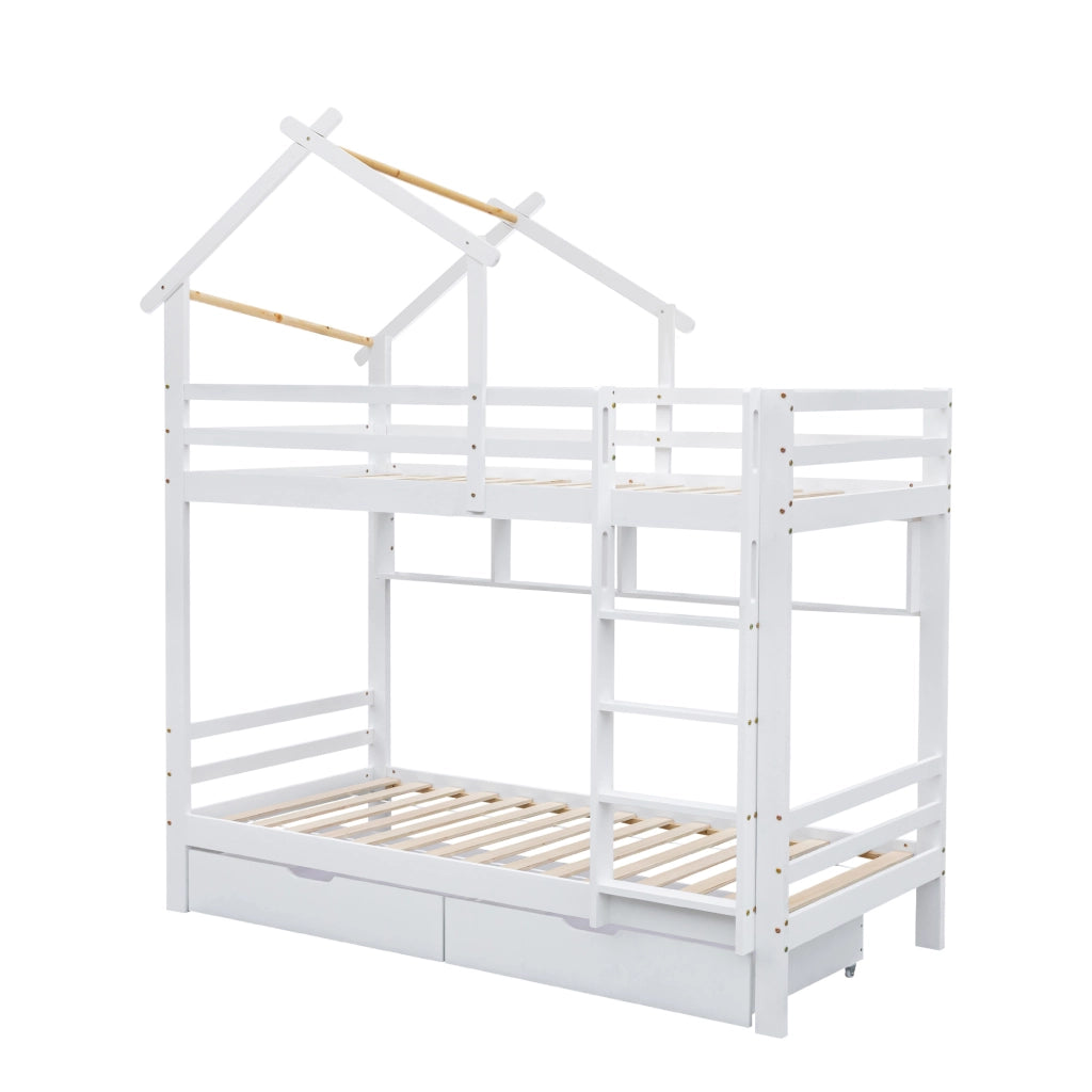 Letto a Castello 90x200 cm con Cassetti; Mensole e Scala a tre gradini; Bianco