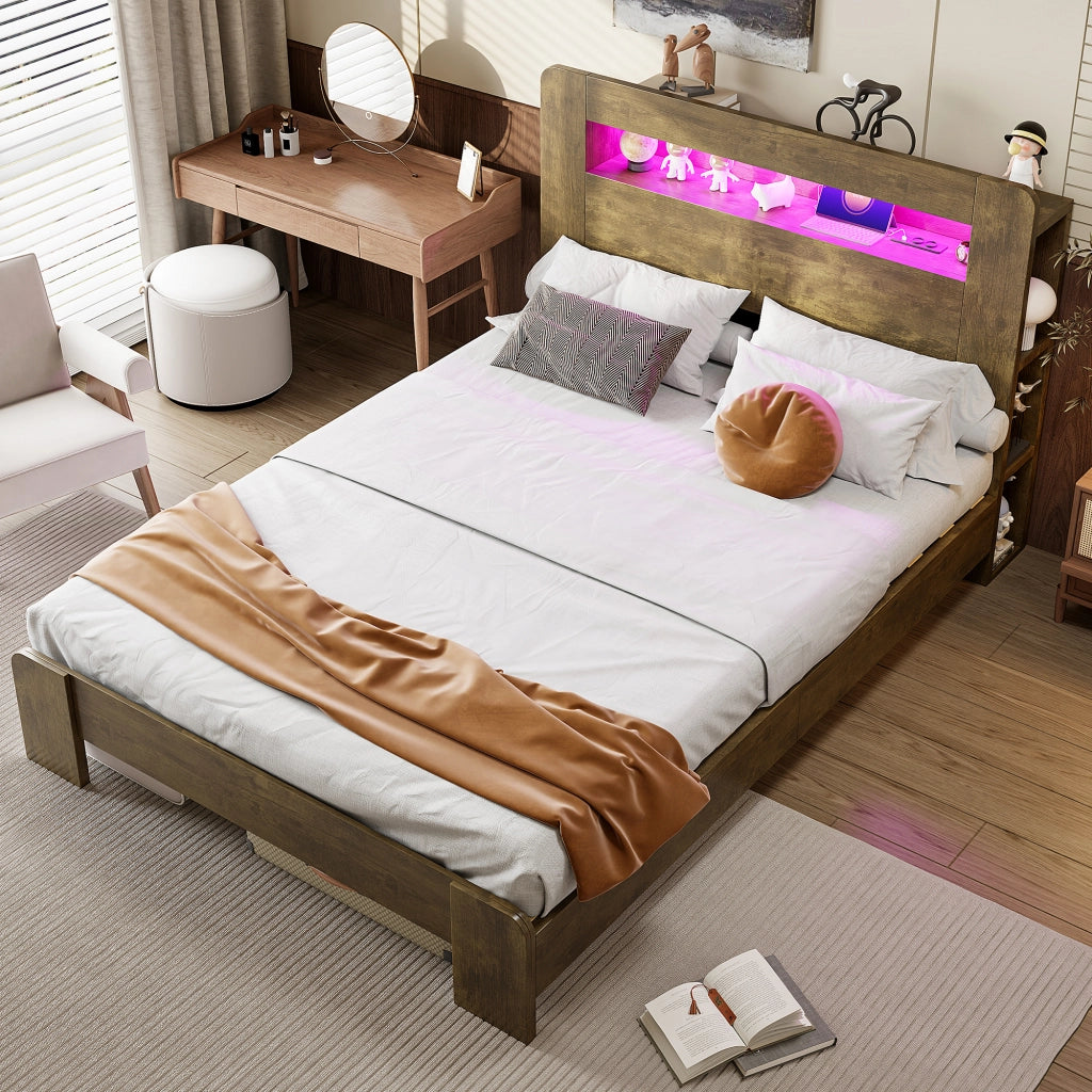 LETTO Piattaforma con testiera contenitore, LED e prese, 140x200 cm, Legno vintage