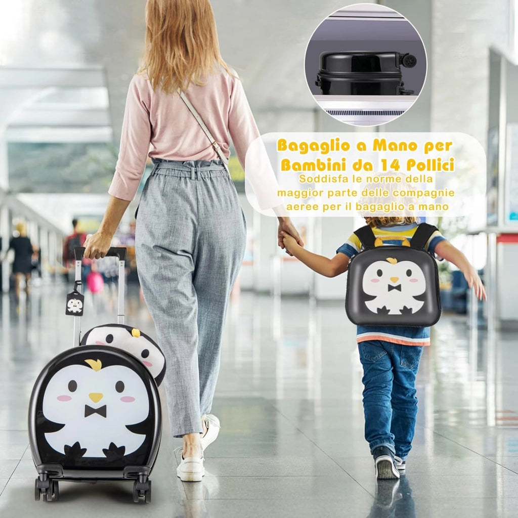 Set di Valiglie per Bambini, Set da 4 Pezzi con Trolley, Zaino, Cuscino per Collo ed Etichetta per Bagaglio, Valigia a Mano da Viaggio con Ruote Universale e Maniglia Regolabile (Pinguino)
