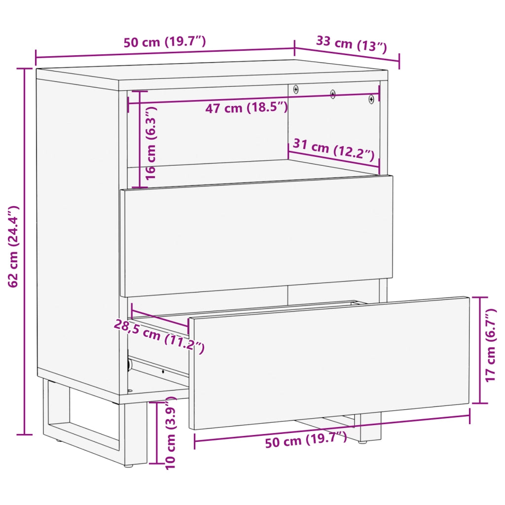 Comodino 50x33x60 cm Legno Massello di Mango