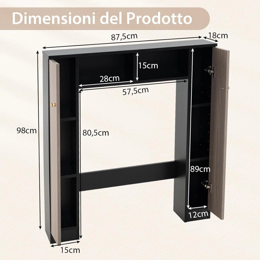 Scaffale Sopra WC 87.5x18x98cm, Mobile per Bagno con Doppia Anta, 2 Scomparti Aperti e 4 Ripiani Regolabili, Armadietto Salvaspazio da Terra per Bagno Lavanderia (Nero)