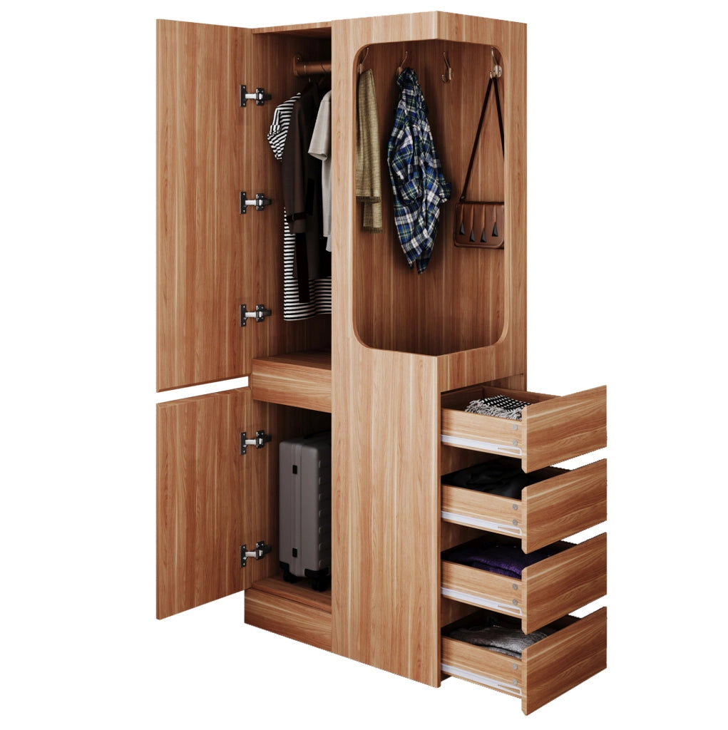 Armadio a 1 anta 70 x 40 x 170 cm con 4 cassetti e vano appendiabiti; colore legno naturale
