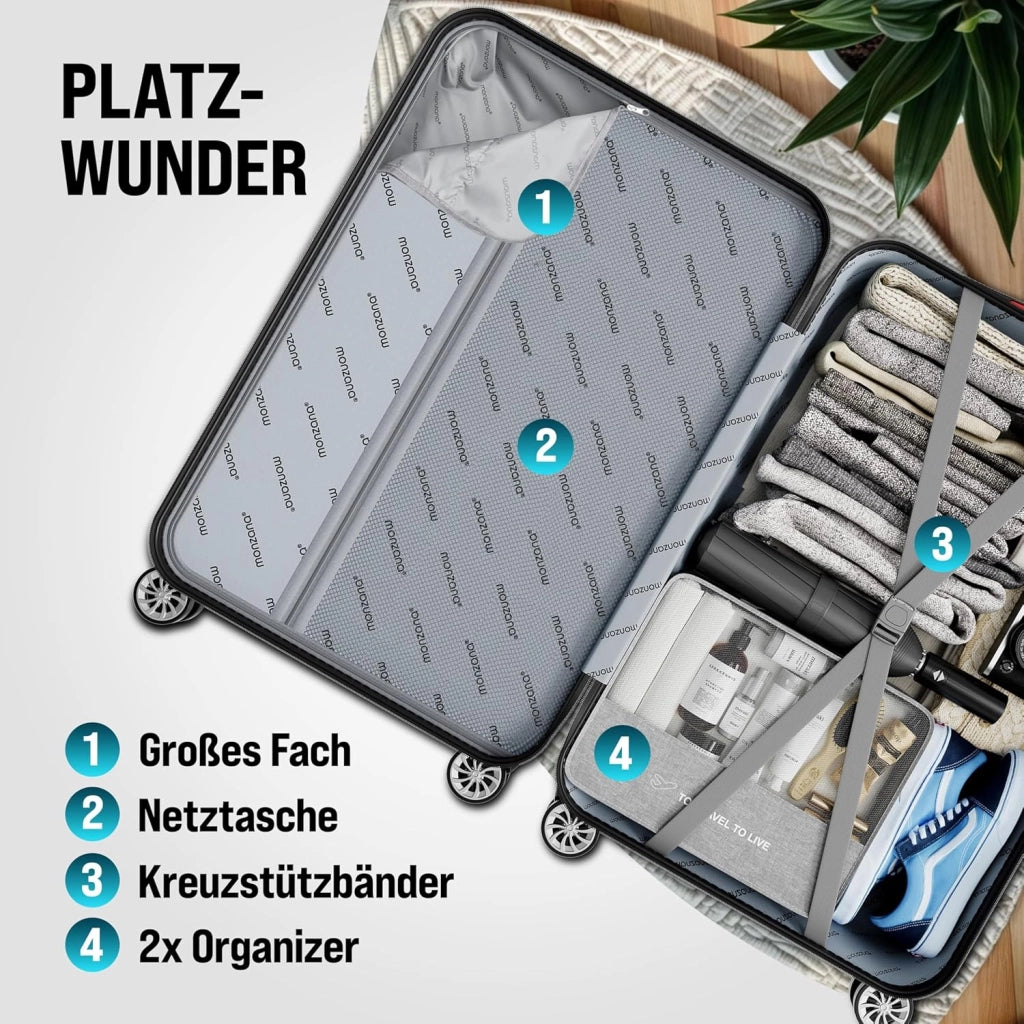 ® Set di Valigie 3 Pezzi con Lucchetto Organizer Cinghia Maniglie Ruote Doppie Piedi Trolley Rigido M-L-XL