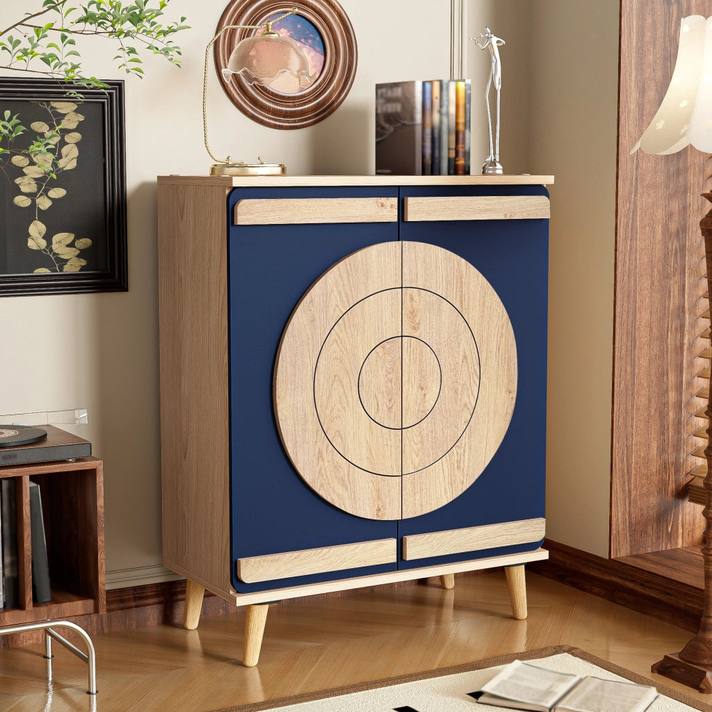 Scarpiera con ante geometriche chiuse e ripiani in pannello truciolare blu e naturale per ingresso 76 × 37 × 98,5 cm