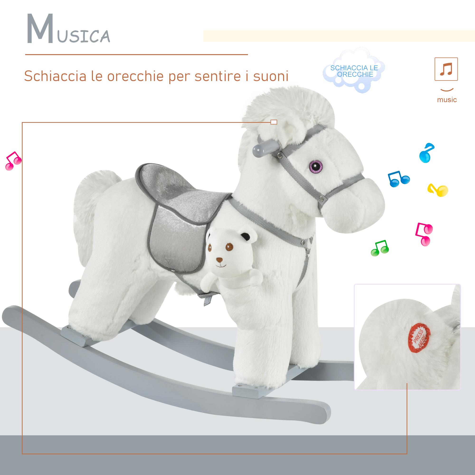 Cavallo a Dondolo in Peluche e Legno con Orsetto e Suoni Bianco