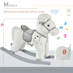 Cavallo a Dondolo in Peluche e Legno con Orsetto e Suoni Bianco