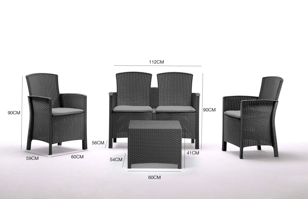 Salottino da esterno Asiak, Set da giardino con cuscini, Salottino  effetto rattan, 100% Made in Italy, Antracite
