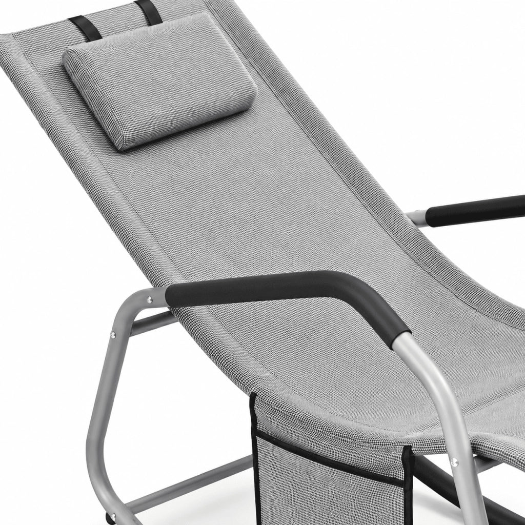 Sedia A Dondolo Ergonomica Poltrona Relax Con Cuscino Antiribaltamento E Tasca Laterale Da Giardino Terrazzo Con Struttura In Acciaio Rivestimento In Textilene 151 X 56 X 90 Cm Grigio
