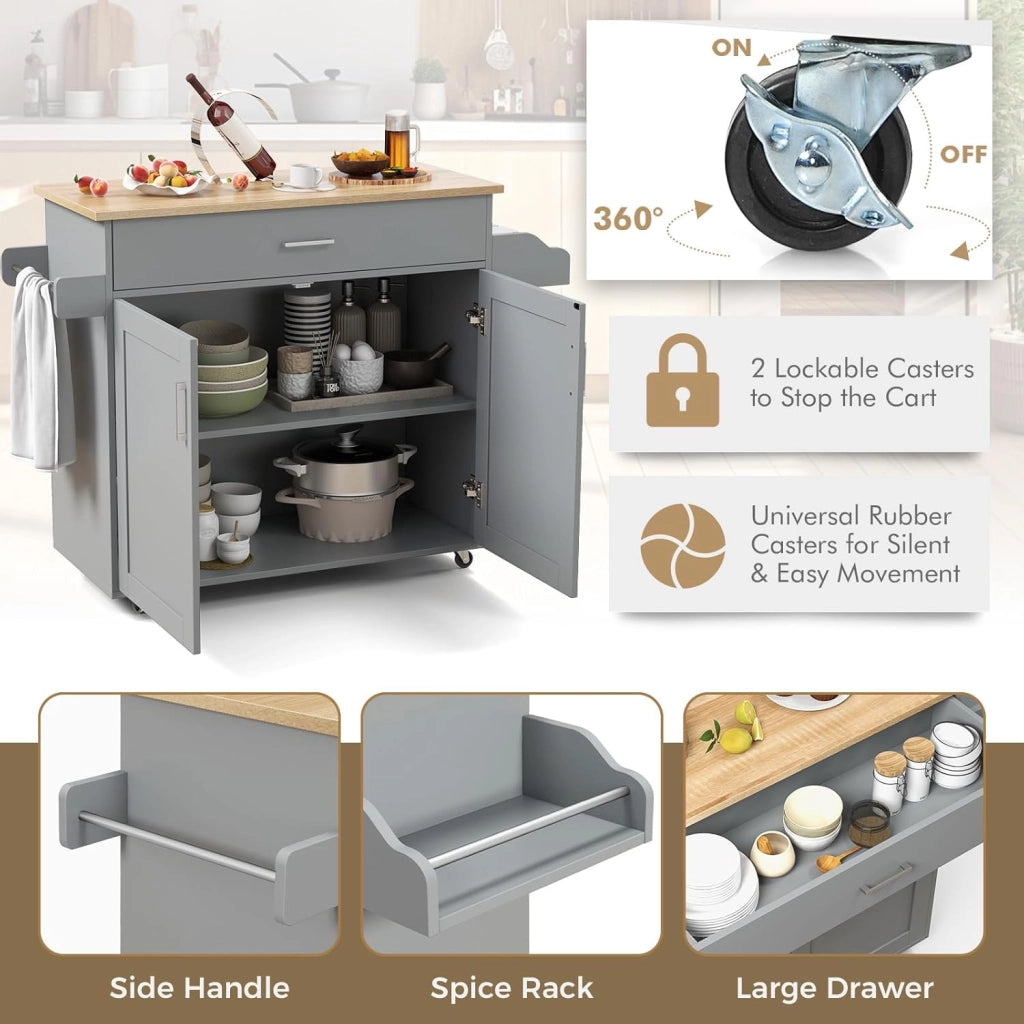 Carrello da Cucina con Ruote di Gomma, Isola Cucina con Cassetto e Ripiano Regolabile, Mobile Credenza Salvaspazio Porta Microonde, Portaspezie, Portasciugamani, 116 x 40 x 85 cm (Grigio)