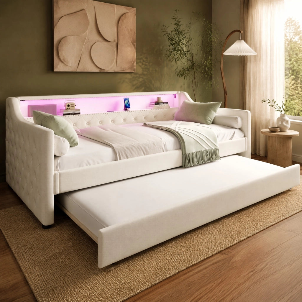 Letto singolo 90x200 cm con letto estraibile; LED e USB in lino e MDF beige