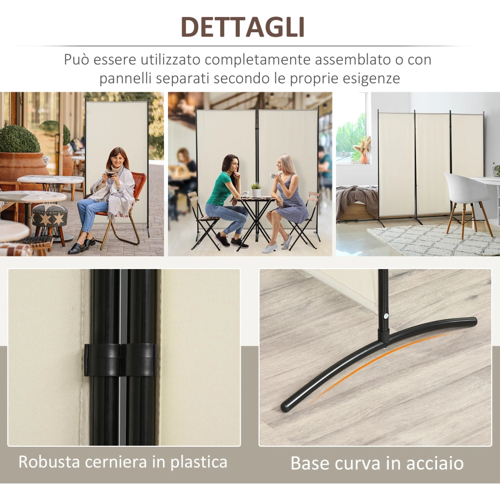 Paravento Separ¨¦ da Interno a 3 Pannelli Pieghevole in Metallo e Poliestere, 253x50x182cm, Beige
