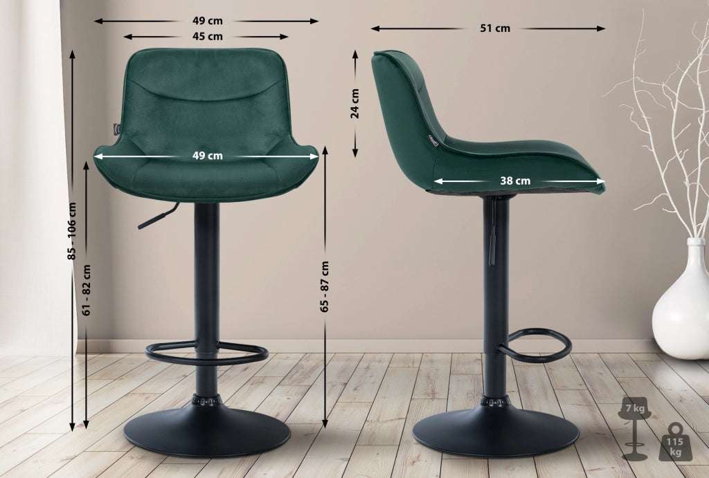 Set di 2 sgabelli da bar Vonore in velluto verde,nero