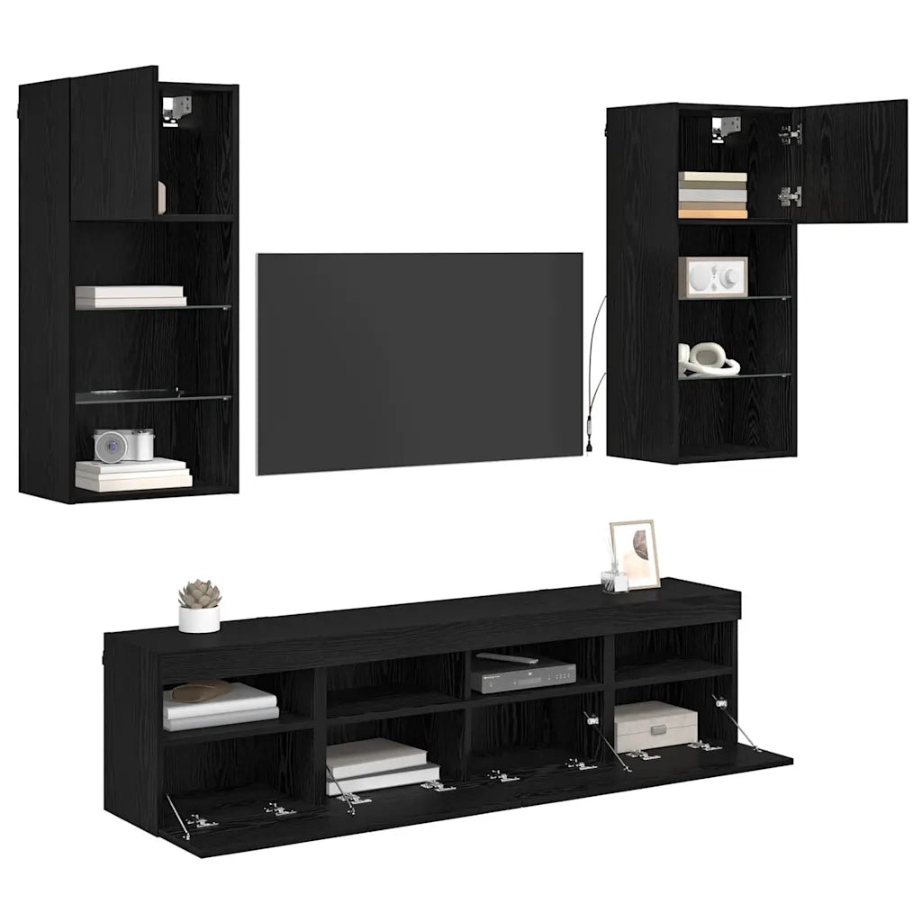 Unità a muro per TV con LED 5 pcs Rovere Nero 40,5 x 30 x 90 cm 3402982