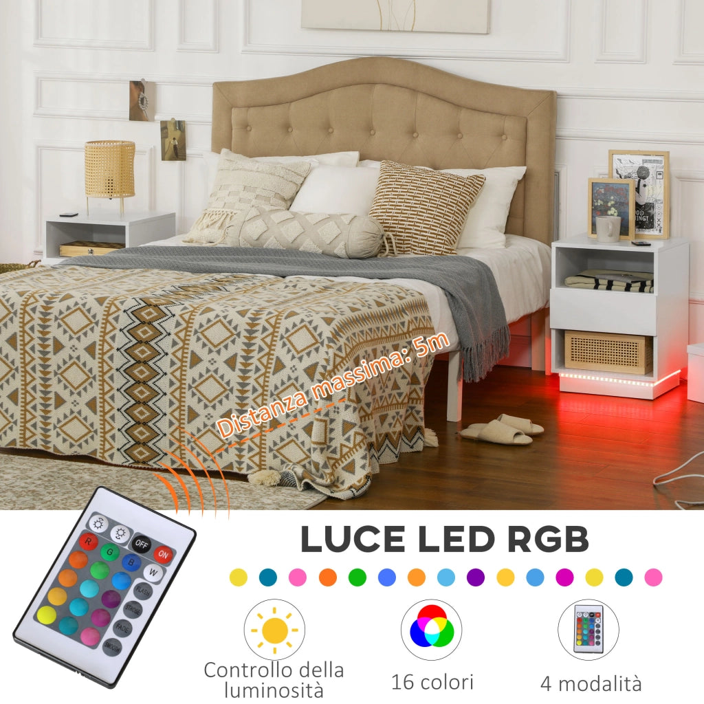 Easycomfort Comodini Moderni con LED, Set 2 Pezzi in Truciolato Bianco con Cassetto e 2 Ripiani Aperti, 40x40x55 cm