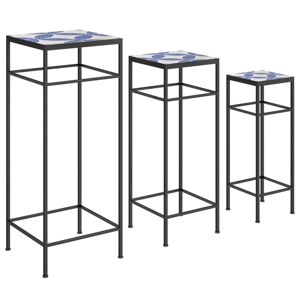 Set di 3 portapiante in metallo con mosaico blu e bianco, impilabili, senza montaggio