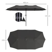 Ombrellone Doppio con Prese d'Aria e Manovella, in Metallo e Poliestere, 4x2.2x2.34 m, Nero e Grigio Scuro