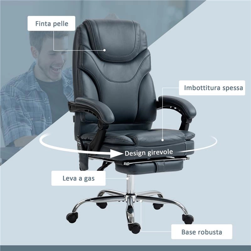 SEDIA DA UFFICIO MASSAGGIANTE E RISCALDANTE CON POGGIAPIEDI IN PELLE PU E ACCIAIO 67X67X113-121 CM GRIGIO