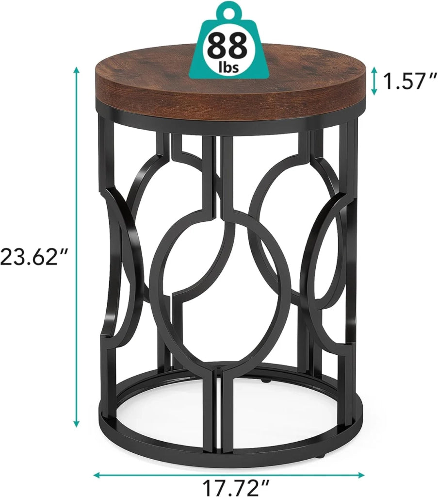 Tavolino basso rotondo stile industriale in MDF e metallo nero marrone rustico per soggiorno e camera da letto Ø45 × 50 cm