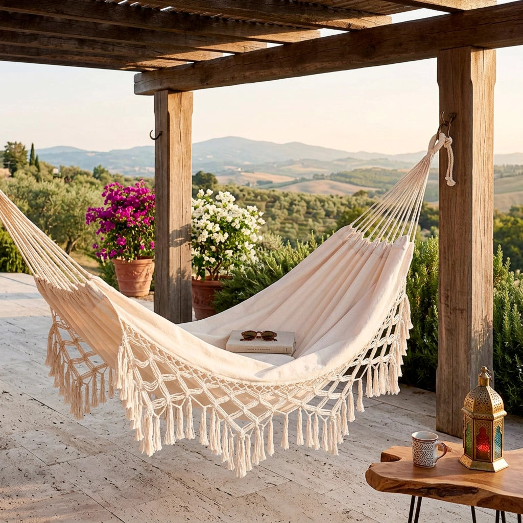 Amaca Matrimoniale Per Giardino Terrazzo Campeggio E Piscina In Cotone E Poliestere Con Frange Boho Chic Relax Outdoor Portata 250 Kg 240 X 150 Cm Beige