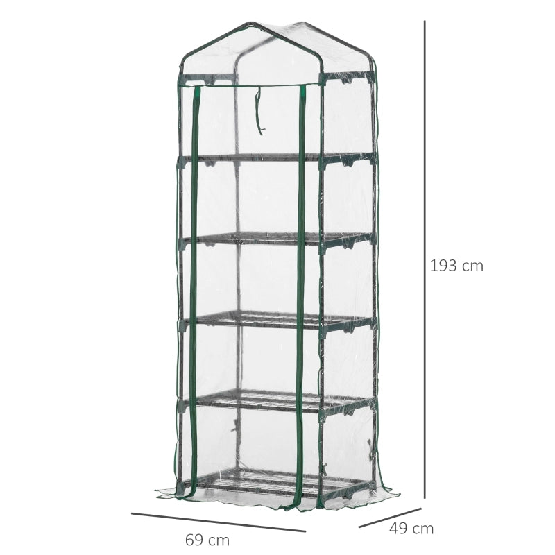 Mini serra in alluminio con 5 ripiani per la coltivazione di fiori o ortaggi, trasparente e verde, in acciaio e plastica, 69 x 49 x 193 cm