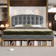 Letto contenitore 140 × 190 cm con testiera regolabile, cassetti e ripiani, senza materasso, in velluto grigio