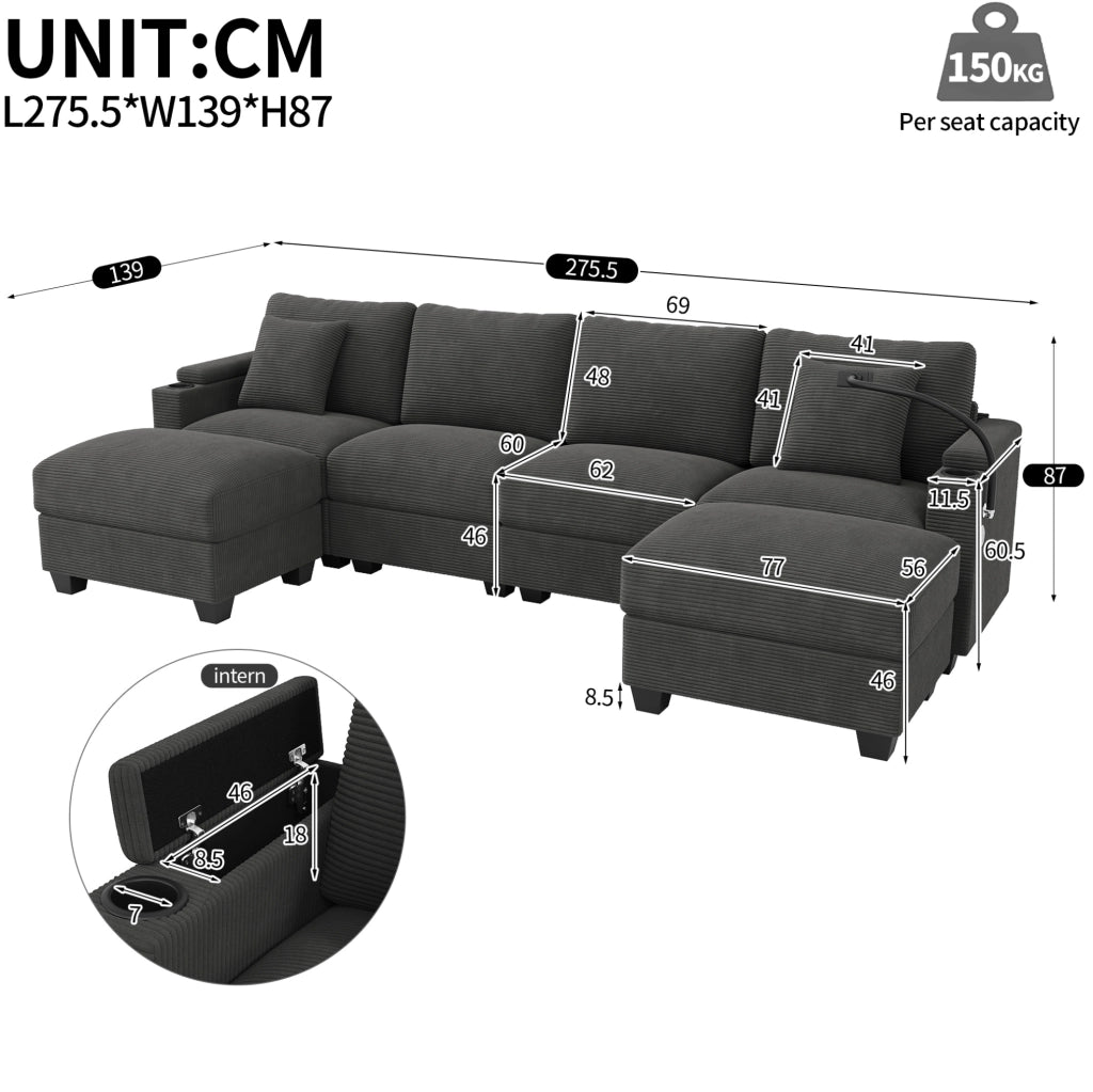 Divano modulare a U in velluto a coste con porte USB, vano contenitore e portabicchieri integrati