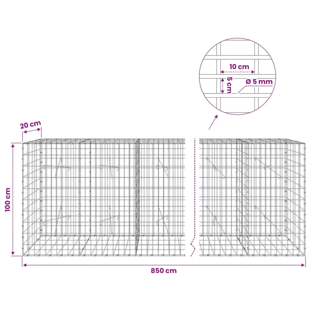 Gabione con Filo da 5 mm e Rete da 5x10 cm 850x20x100 cm 3464555