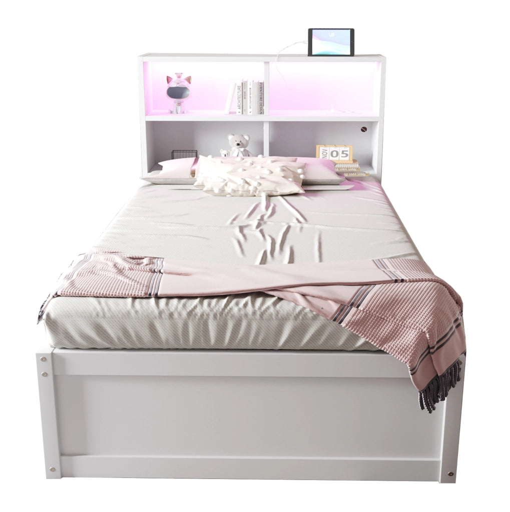 Letto multifunzione 90x200 cm con presa integrata; LED e 4 vani contenitore; bianco