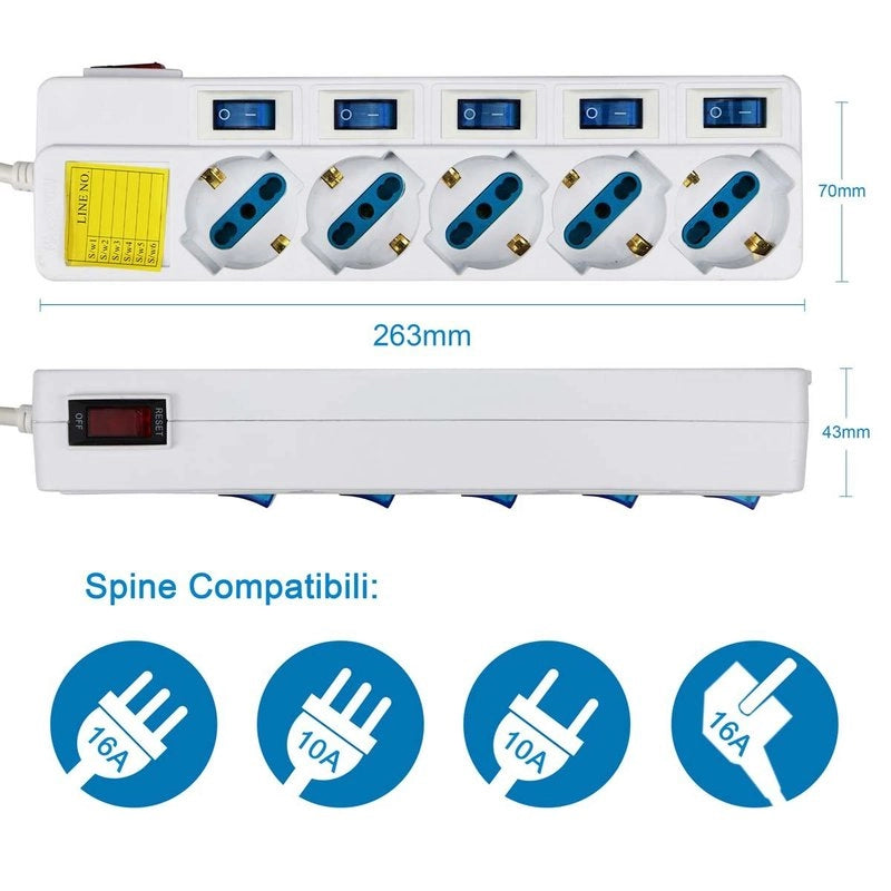 Multipresa Ciabatta Elettrica Con 5 Posti Prese Schuko 10/16A + 6 Interruttori On Off Indipendente Cavo Da 1,5 Metri