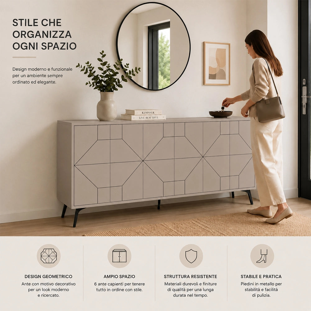 Madia con 6 Ante Credenza Design Geometrico Moderno in Legno 184x77 cm Tortora
