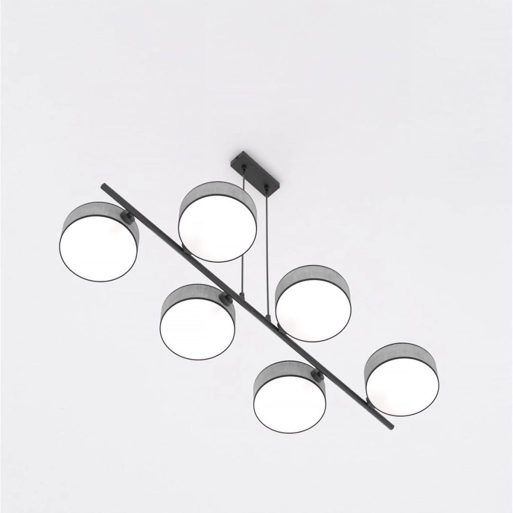 Lampada a sospensione DRUMZ 6 in acciaio nero e tessuto grigio