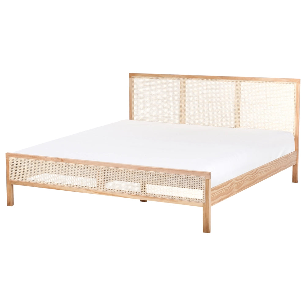Letto in legno di pino marrone chiaro 180 x 200 cm matrimoniale con testata a treccia viennese a doghe stile rustico minimalista