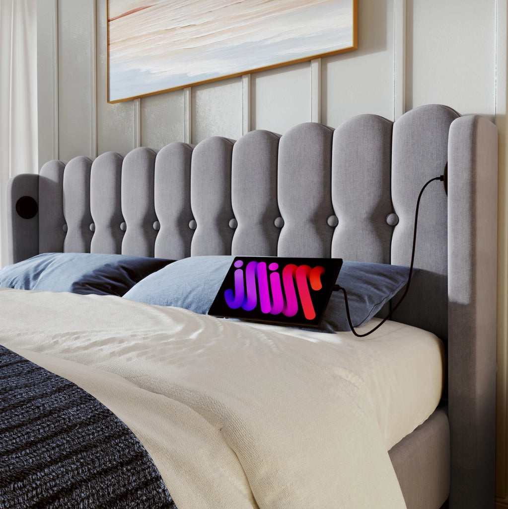 Letto imbottito 140x200 cm in lino grigio con porta USB e Type-C; con materasso