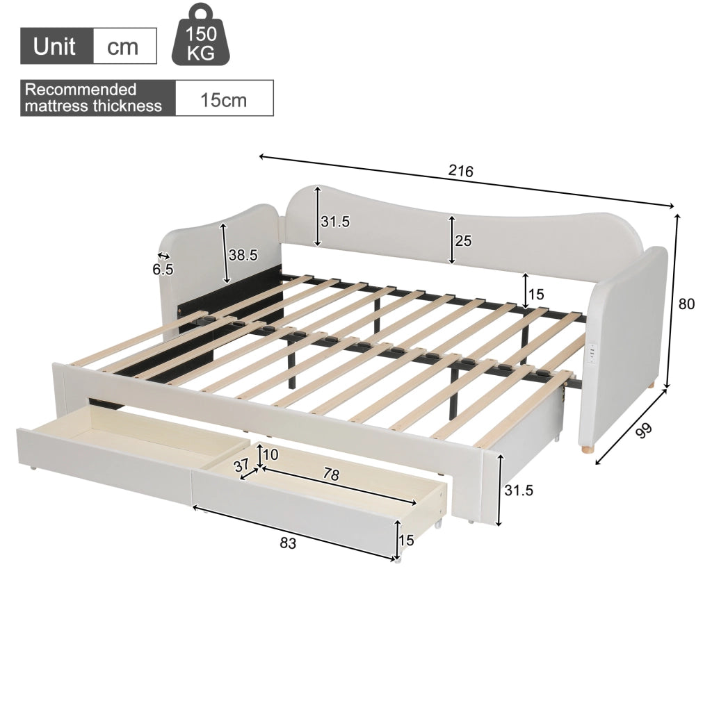 Letto imbottito estraibile 90x200/180x200 cm con 2 cassetti; USB e Type-C; velluto beige