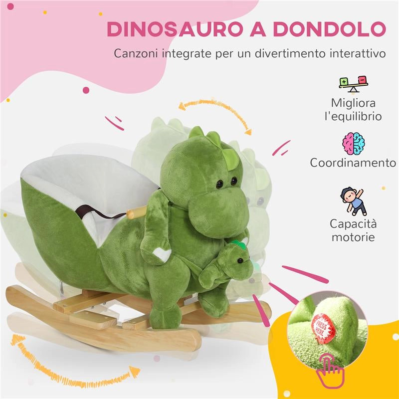 CAVALLO A DONDOLO PER BAMBINI 18-36 MESI A DINOSAURO CON SUONI E RIVESTIMENTO MORBIDO 62X33X45 CM VERDE