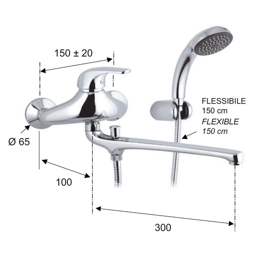 Rubinetto lavabo/vasca con bocca fusa lunga e kit doccia - serie project