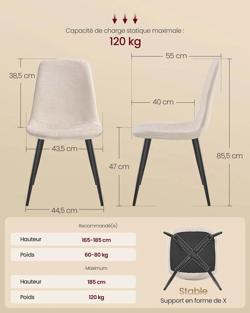 Sedie da pranzo set da 4 struttura in metallo piedini regolabili facili da pulire sedie da cucina tessuto in ciniglia PU testurizzato bianco 12_0004983