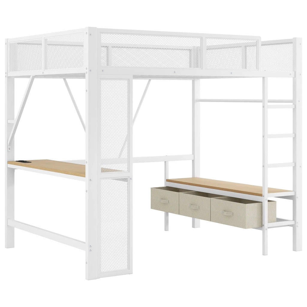 Letto a castello metallo bianco con scrivania led usb e 3 cassetti 140x200 cm