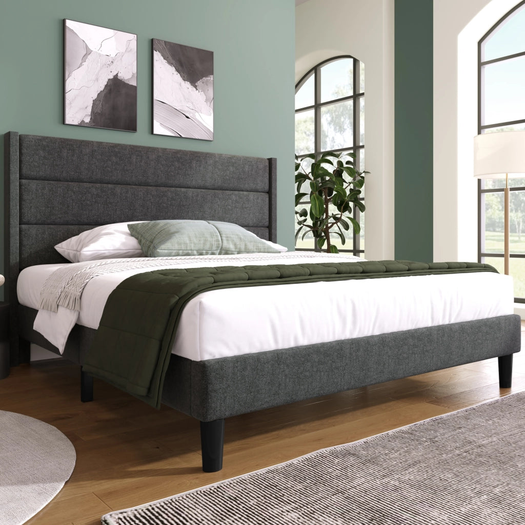 Letto imbottito 140x200 cm; testiera trapuntata; lino grigio scuro (Senza materasso)