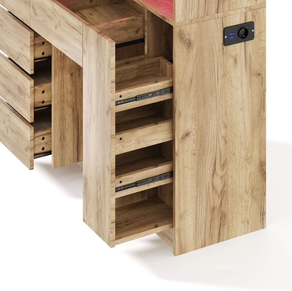 Mobile buffet da cucina nero e naturale con LED, prese integrate e ripiani regolabili