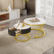 Set 2 tavolini da caffè impilabili con cassetto; effetto marmo; MDF bianco e dettagli oro