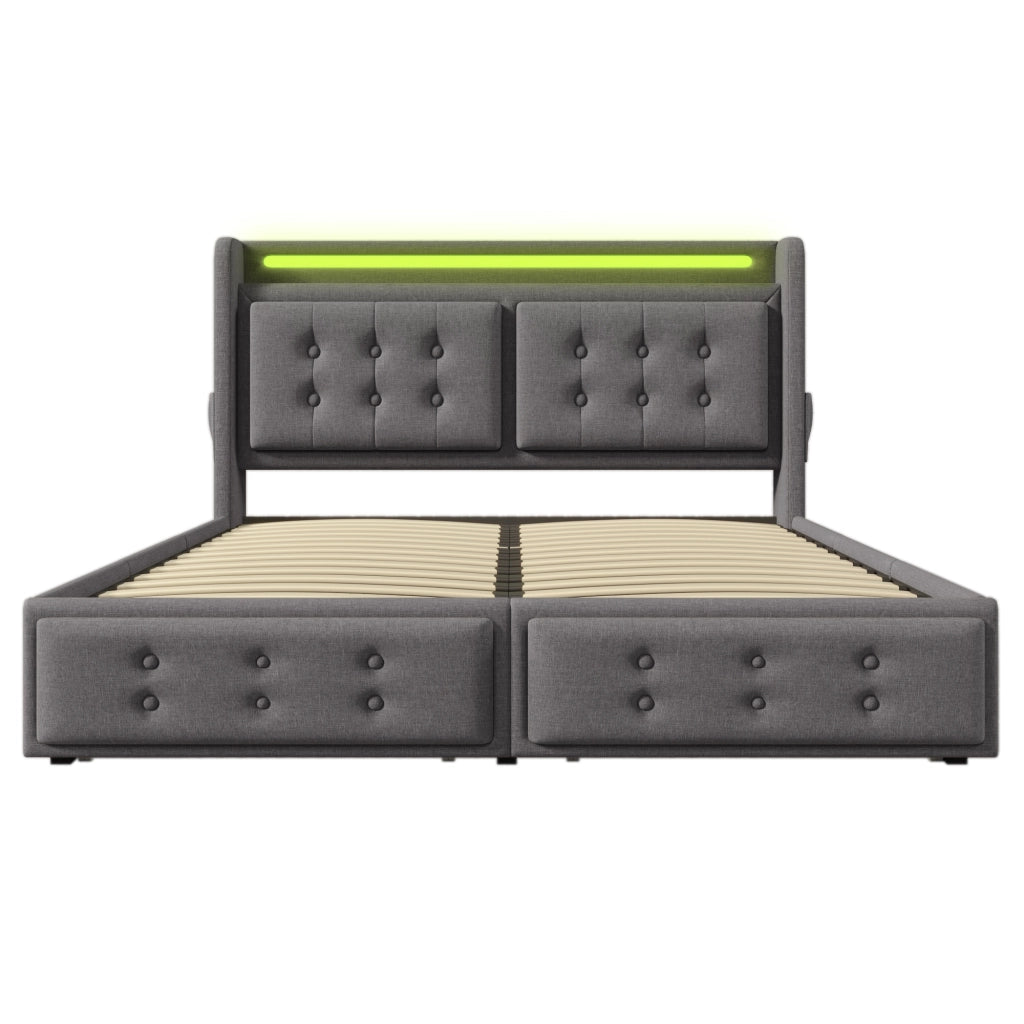 Letto imbottito 160x200 cm con LED, porte USB-C e USB, 4 cassetti, senza materasso