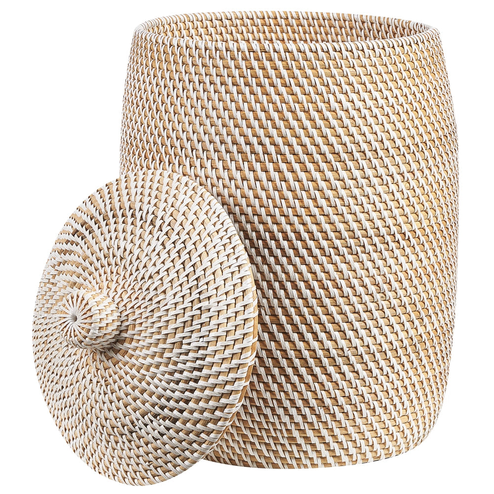 Cesto con coperchio in rattan naturale bianco 44 cm stile boho rustico bagno camera da letto
