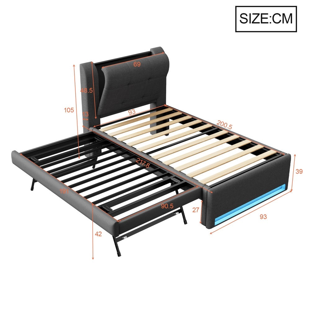 Letto Imbottito con Letto Estraibile e LED ¨C Xylo ¨C Grigio 90x200