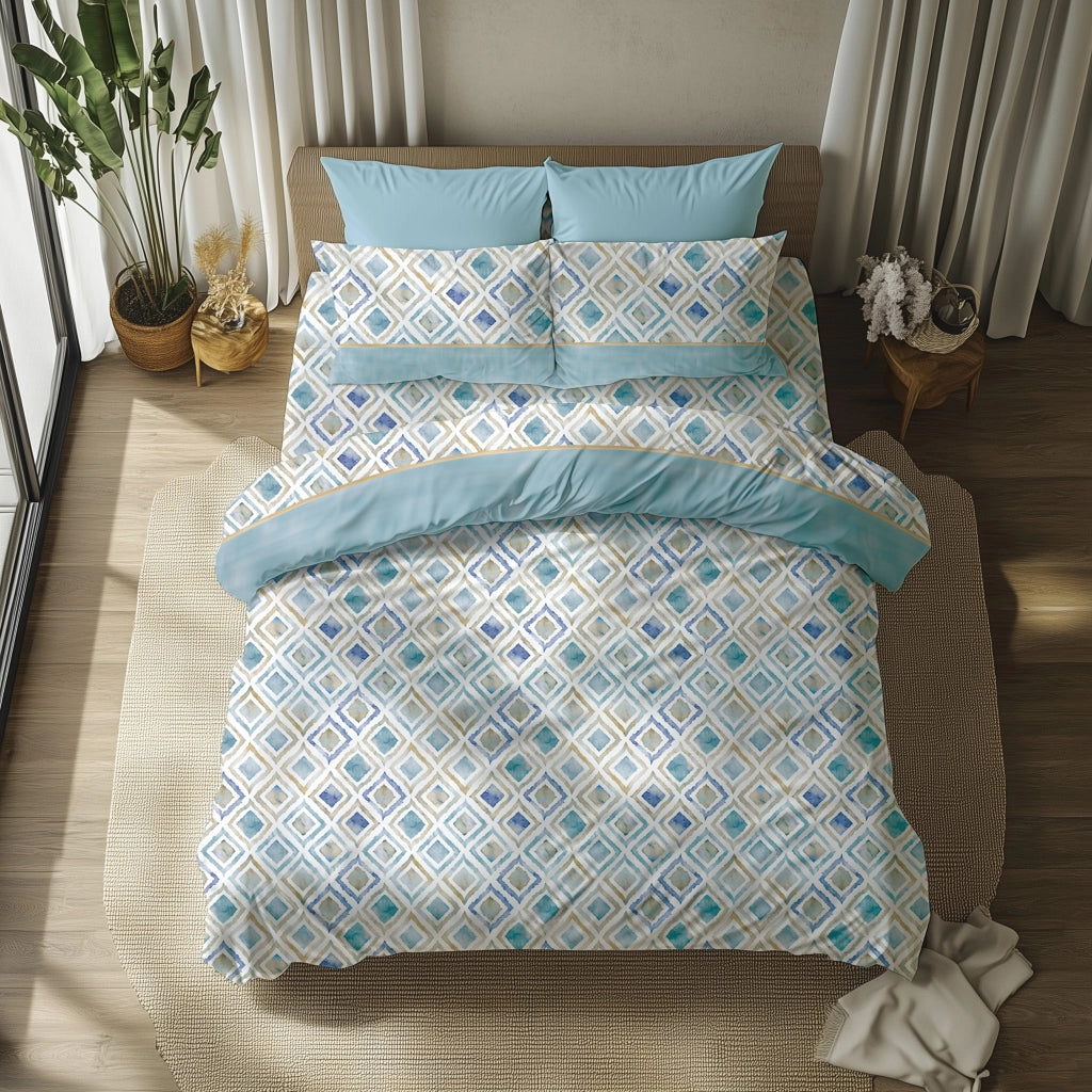 Sateneha, set Completo Letto Matrimoniale in Policotone, Azzurro