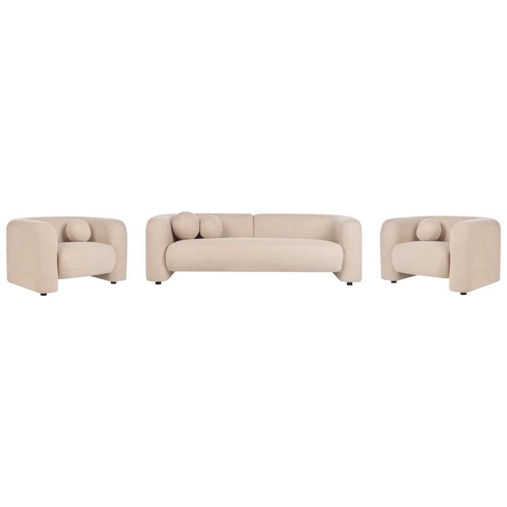 Set da salotto composto da divano a 5 posti e 2 poltrone in tessuto bouclè beige con cuscini aggiuntivi stile glamour retrò soggiorno