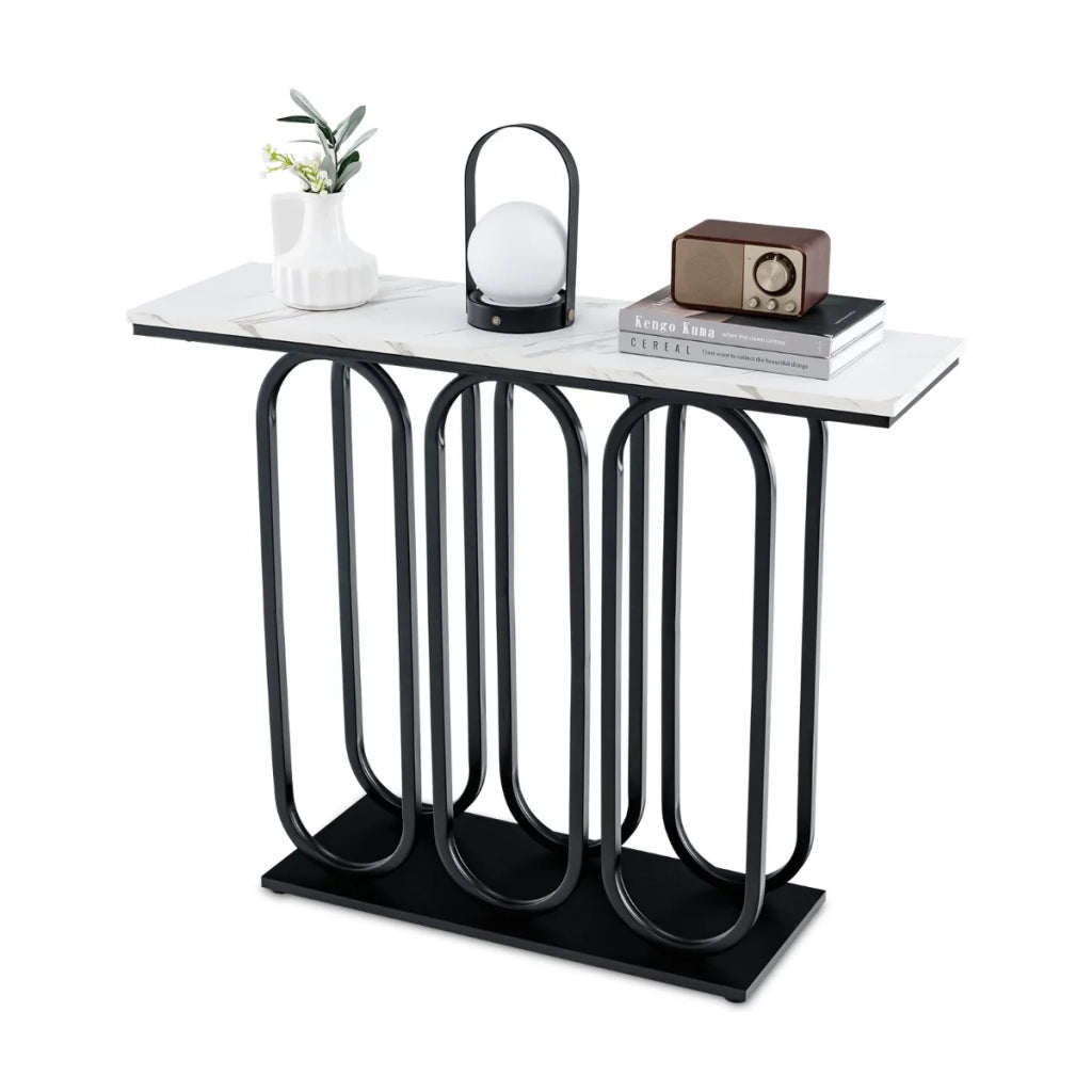 Elegante tavolo consolle ovale 100 x 30 x 80 cm con meccanismo di sicurezza antiribaltamento e ampio spazio di archiviazione in MDF bianco e nero 20_0020700
